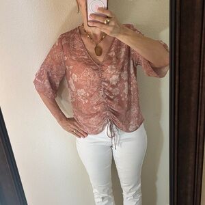 Wish Dusty Rose Floral Ruched V-Neck Blouse